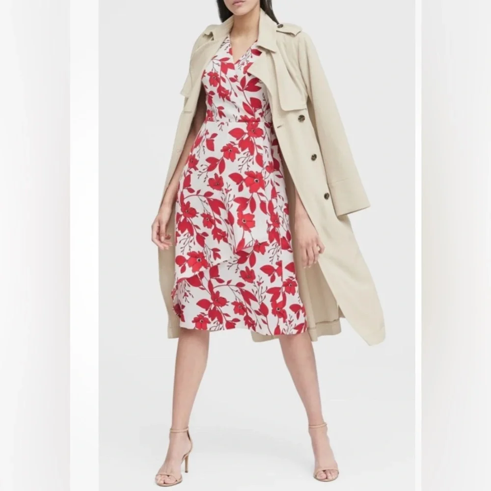 Banana Republic Dress Red and White Floral Leaf Faux Crossover Size 4 NWT - Picture 10 of 13